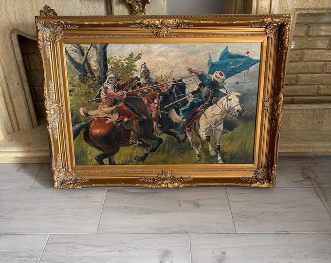 Antique Cavalry Battle Painting on Canvas - Józef Brandt Style - Horsemen & Ottoman Warrior Scene - Large Framed Artwork