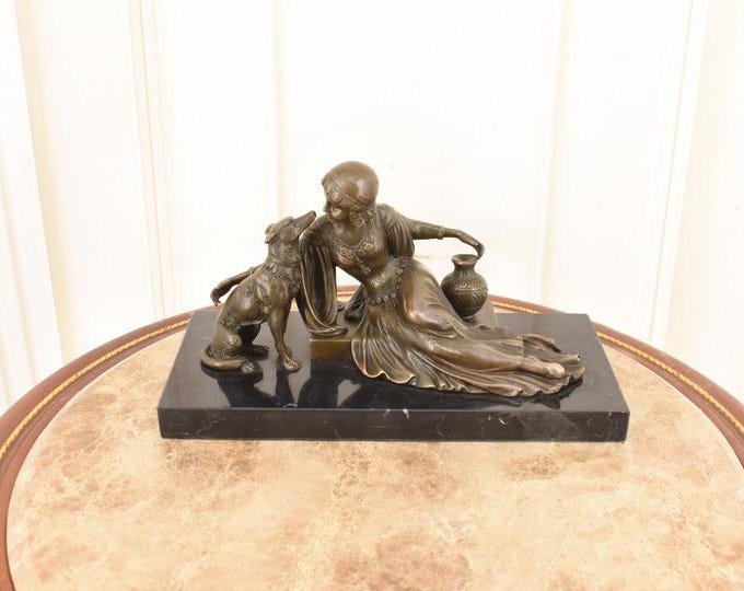 Art Deco French Bronze Sculpture – Girl with Greyhound on Marble