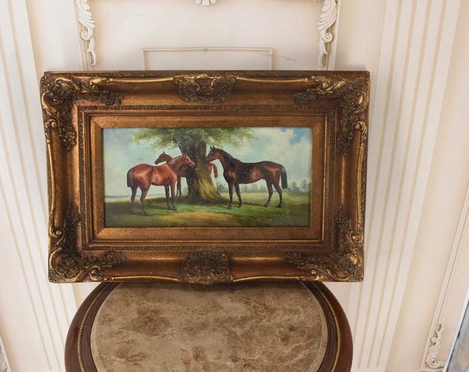 Family Horses at the Watering Hole – Vintage French Oil Painting on Wood – Gold Frame – Pastoral Landscape – Unique Wall Art