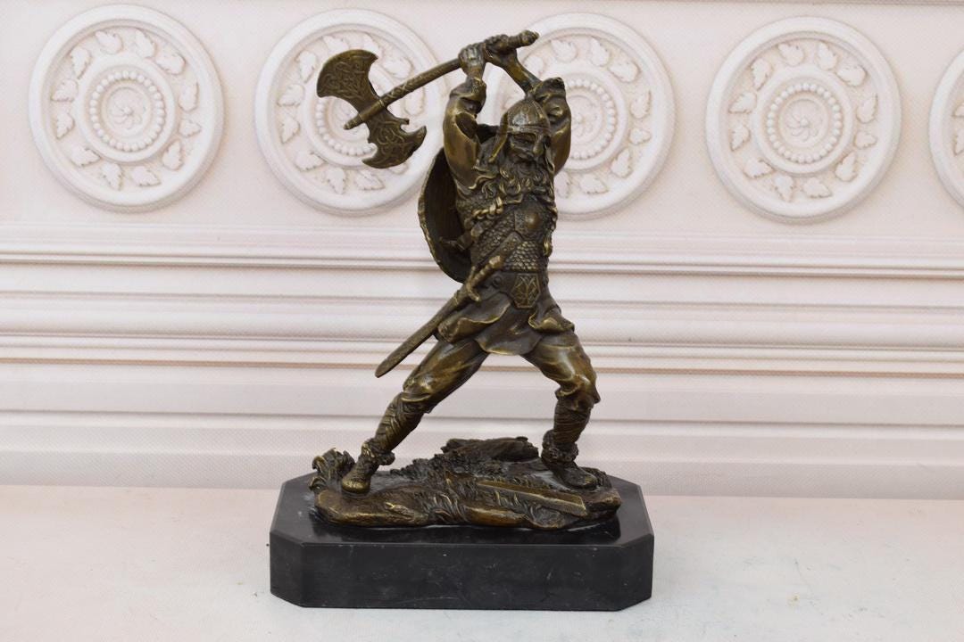 Bronze Viking Sculpture: Warrior With Axe, Marble Base, Vintage Decor ...
