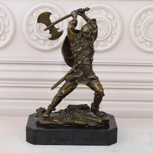 Bronze Viking with Axe and Armor Shield - Bronze Sculpture Viking - Luxury Statue on Marble Base - Warrior Figure - Vintage Home Decor