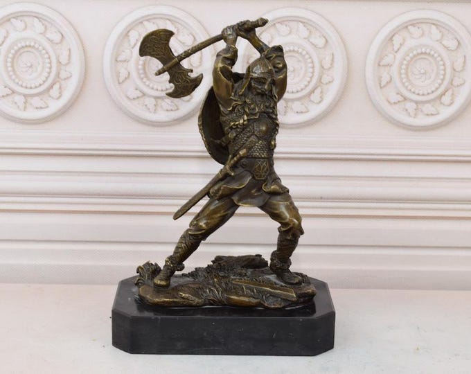 Bronze Viking with Axe and Armor Shield - Bronze Sculpture Viking - Luxury Statue on Marble Base - Warrior Figure - Vintage Home Decor