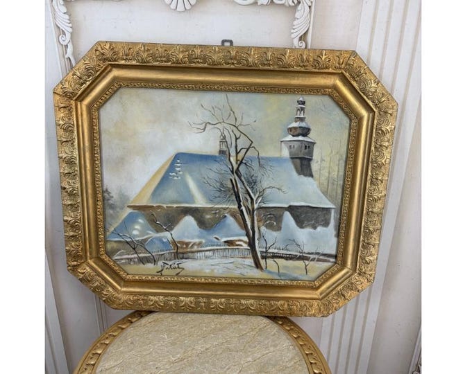 Antique Pastel Painting – Wooden Church in Winter – Signed J. Falat – Pastel on Cardboard – Cracow Collect