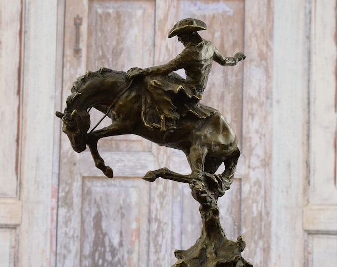 Rodeo rider on horse - bronze figurine cowboy and bucking - horse statue - western figurine gift idea
