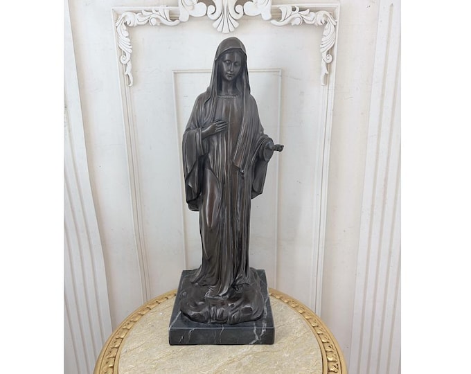 Large Bronze Madonna Statue: Mary Figurine on Bronze Base