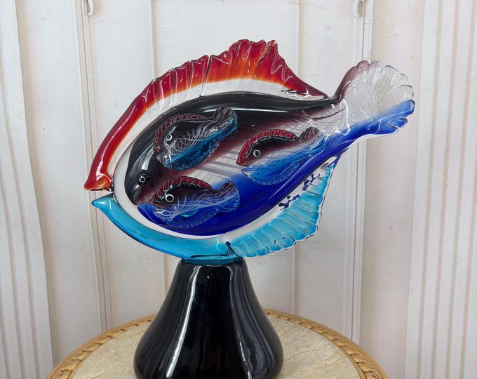 Murano-Style Art Glass Fish Sculpture – Colorful Decorative Glass Fish on Black Base – Italian Glass Decor