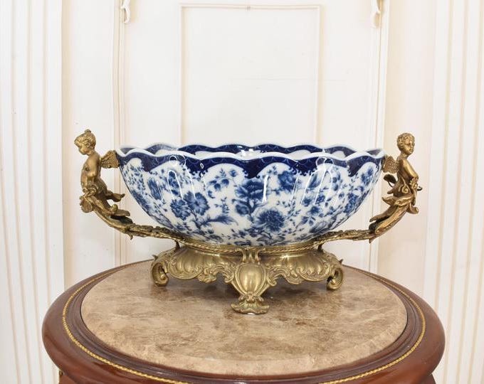 Blue Plateau Porcelain Bowl: Vintage Bronze Angels, Floral Decor