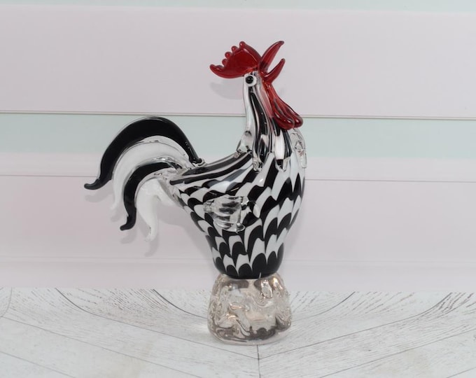 Large Rooster Glass Figurine - Rooster Murano Style - Glass Sculpture - Blac and White Glass - Gift Italian - Venetian Glass - Home Decor