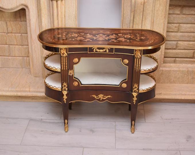 Vintage French Commode Cabinet – Marquetry Wood, Gilt Bronze Ormolu, Mirror Panel
