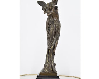 Escultura de ángel de bronce de Aldo Vitaleh: base de mármol de estilo Art Nouveau romántico.