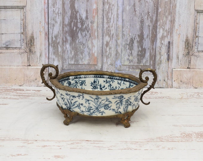 Large Blue Plateau Porcelain with Bronze Ornaments - Art Nouveau Porcelain - Richly Decorated - Bowl Porcelain - Home Kitchen Decor