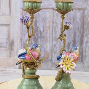 Pair Porcelain Candlesticks Bronze Ornaments Birds on a Branch Home Decor Unique Gift for Wedding Antique Candleholders image 6