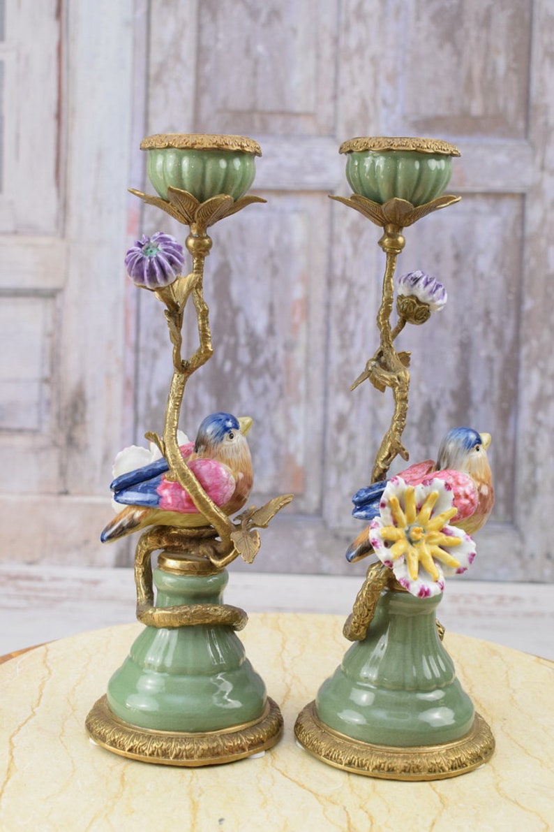 Pair Porcelain Candlesticks Bronze Ornaments Birds on a Branch Home Decor Unique Gift for Wedding Antique Candleholders image 6