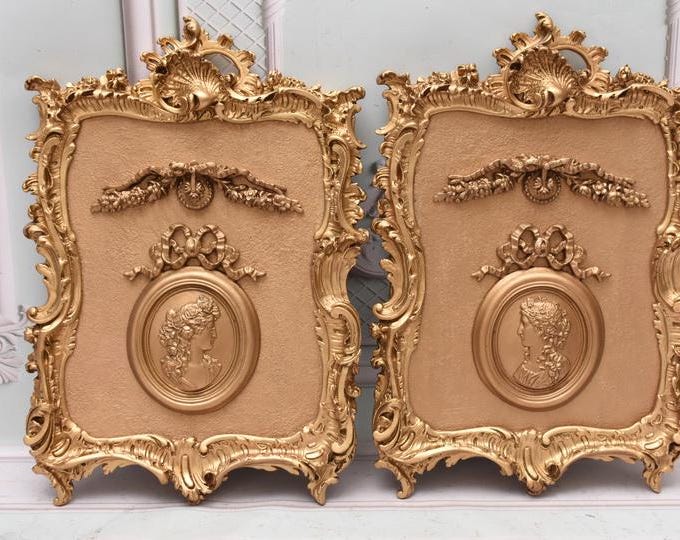 Vintage Gold Wall Medallions – Lady Cameo Portrait Plaques (Left & Right) – French Style Decor