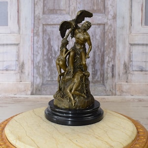 Prometeus with an Eagle on his Shoulder and Two Nymphs Bronze Statue - Vintage Sculpture on Marble Base - Mythology Figurine - Home Decor