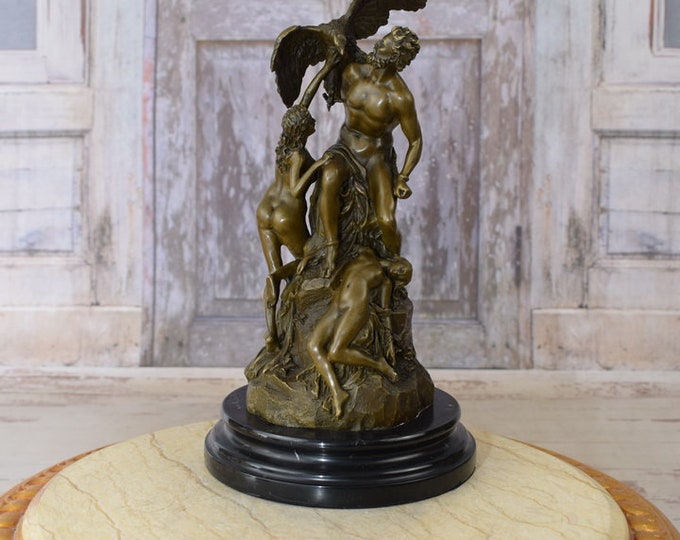 Prometeus with an Eagle on his Shoulder and Two Nymphs Bronze Statue - Vintage Sculpture on Marble Base - Mythology Figurine - Home Decor