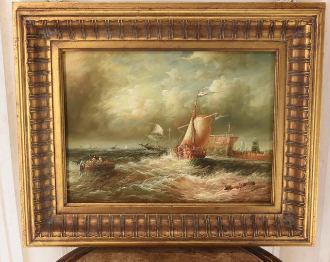 Vintage Fishermen Painting: Handmade Boats on Sea Art with Gold Frame