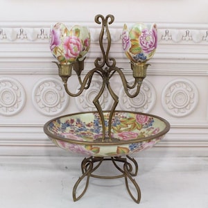 Sehr Selten ! Porzellan Plateau Kerzenständer mit Ornamenten - Bronze Ornamente - Einzigartige Vintage Porzellan - Luxus Schale - Florales Design - Wohndeko