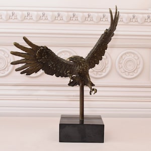 Excellence Flying Attacking Eagle Bronze Statue on Marble Base - Amazing Buzzard Sculpture - Gift Idea to Office - Signed Statue Home Decor