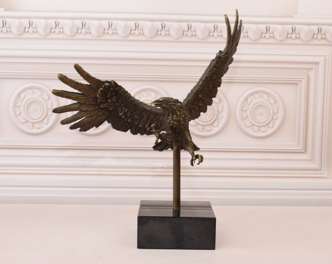 Excellence Flying Attacking Eagle Bronze Statue on Marble Base - Amazing Buzzard Sculpture - Gift Idea to Office - Signed Statue Home Decor