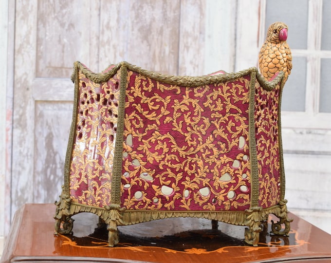 Amazing Red Plateau Porcelain with Bronze Ornaments - Porcelain Parrot - Vintage Bowl with Flowers Design - Home Decor Gift Idea for Wedding