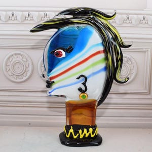 Amazing Statue Woman Head - Vintage Murano Style Glass - Blue and Orange Face Murano Style - Colorful Figurine - Home Decor Gift