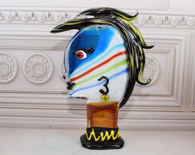 Amazing Statue Woman Head - Vintage Murano Style Glass - Blue and Orange Face Murano Style - Colorful Figurine - Home Decor Gift
