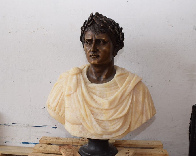 Gaius Julius Caesar Marble and Bronze Bust  Marble Mythological Statue - Marble Pedestal - Marble Roman Military - Home and Garden Decor