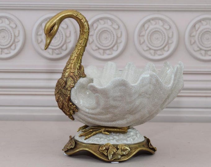 White Porcelain with Bronze Ornaments - Bronze Swan Plateau Basket - Swans Ornaments Art Nouveau - Home Decor - Vintage Porcelain