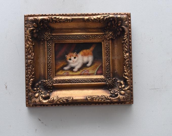 Amazing Painting Cute Kitty - Cat Painting in Nice Gold Frame - Wall Decor - Gift Idea for Birthday, Wedding, Housewarming