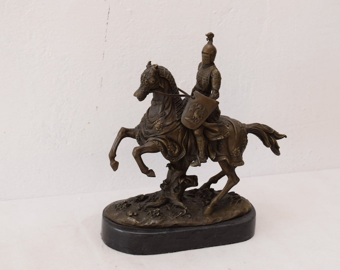 Knight on Horse Armor Shield Bronze Sculpture  Figure Gift Idea    Instrument -