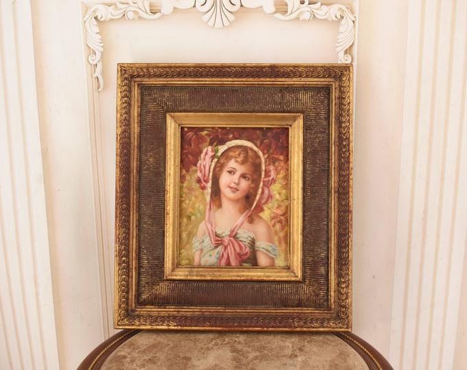 Vintage French Oil Painting Young Woman – Classical Portrait on Wood, Gold Frame