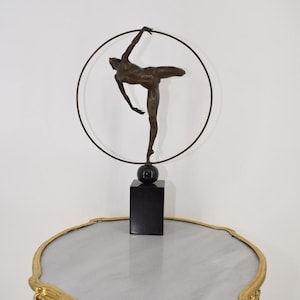 Gymnast with Hoop Bronze on Marble Base - Sash Woman Bronze Sculpture - Woman Statue Female Acrobat - Art Nouveau Bronze - Home Decor