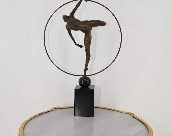 Gymnast with Hoop Bronze on Marble Base - Sash Woman Bronze Sculpture - Woman Statue Female Acrobat - Art Nouveau Bronze - Home Decor