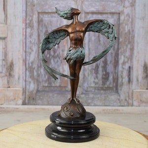 Icarus Large Bronze Sculpture on Marble Base - Winged Woman Bronze Sculpture - Female Mythology Act Figurine - Statue Art Nouveau Style