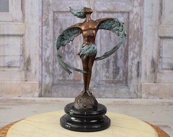 Icarus Bronze Sculpture: Winged Woman Art Nouveau Figurine on Marble