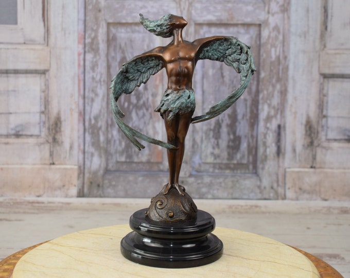 Icarus Large Bronze Sculpture on Marble Base - Winged Woman Bronze Sculpture - Female Mythology Act Figurine - Statue Art Nouveau Style
