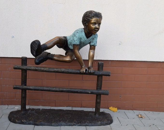 Large Bronze Statue Boy Jumping Over the Fence - Amazing Garden Statue - Young Boy Sculpture Bronze - Decorated for Garden - Gift Idea