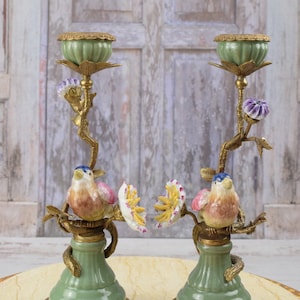 Pair Porcelain Candlesticks Bronze Ornaments Birds on a Branch Home Decor Unique Gift for Wedding Antique Candleholders image 2