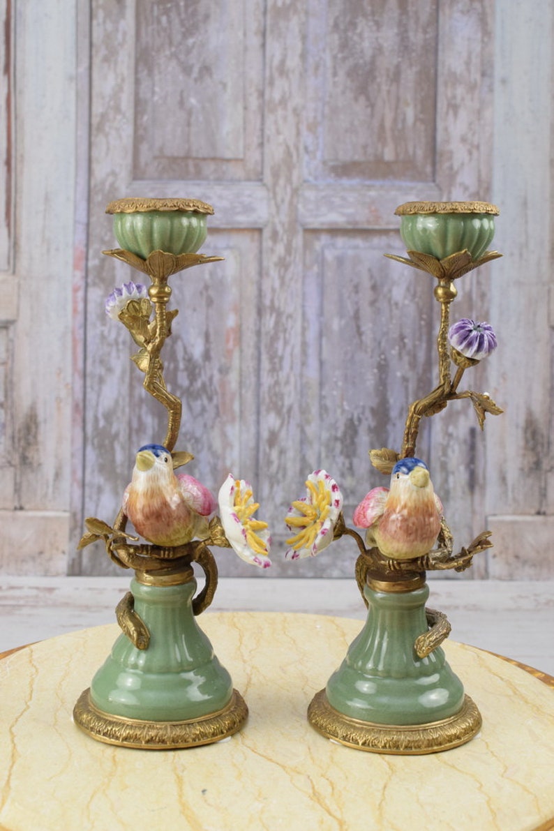 Pair Porcelain Candlesticks Bronze Ornaments Birds on a Branch Home Decor Unique Gift for Wedding Antique Candleholders image 2