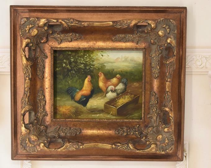 Wonderful Painting Family Rooster and Hen - Painting in Golden Frame - Painting Art Work - Wall Decor - Amazing Home Decor