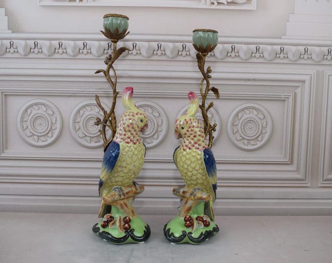 Green Pair Candlesticks Parrots Porcelain with Bronze Ornaments - Regency Candlestick - Boho Decor - Green Parrots Statues - Home Decor