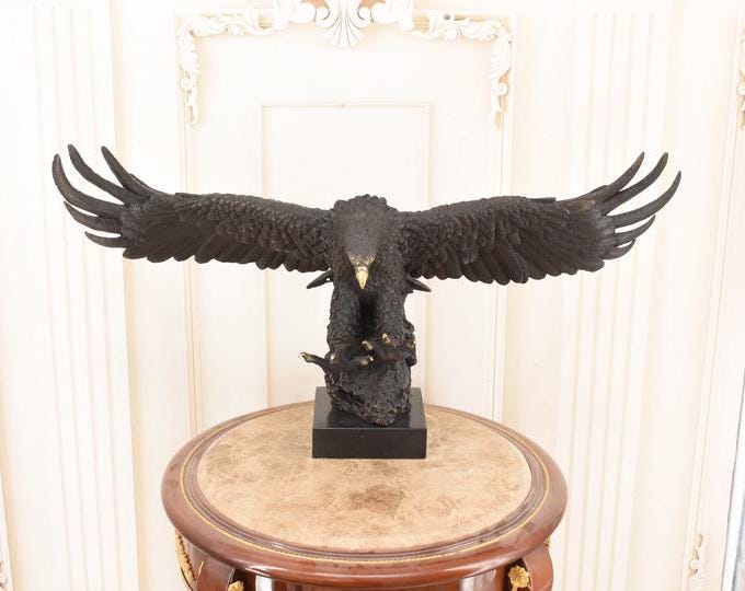 Bronze Hunting Eagle Statue – Spread Wings Sculpture, Foundry Mark Home Decor