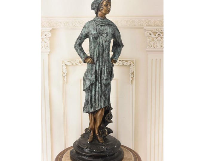 Large Bronze Woman in Blue Dress – Solid Vintage Sculpture – Elegant Female Figure – European Decorative Art