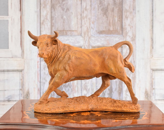 Cast Iron Bull - Rustic Bull Wall Street - Taurus Sculpture - Patio Garden Statue - Vintage - Strength and Victories