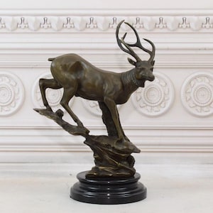 Bronze Deer Statue on Marble Base - Vintage Hunting Decor