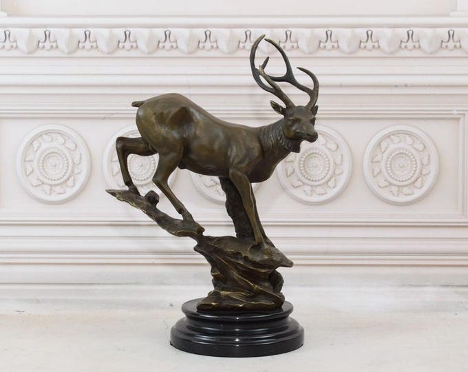 Deer on Rock - Bronze Statue on Marble Base - Hunting Statue - Vintage Gift for Hunter - Handmade Statue - Foundry Mark