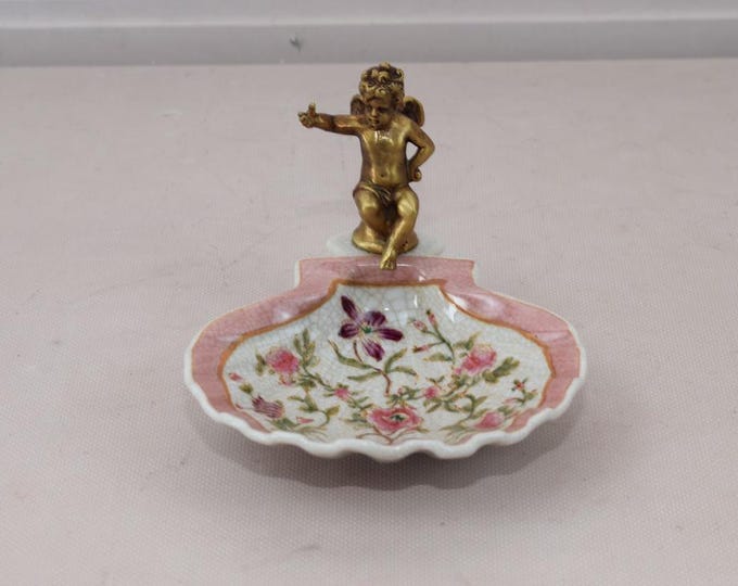 Colorful Soap Dish Porcelain - Vintage Plateau Porcelain with Bronze Angel - Art Nouveau Porcelain - Flowers Ornaments - Vintage Gift