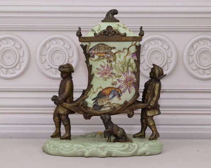 Very Rare! Porcelain Antique Litter- Box Porcelain with Bronze Ornaments - 2 Hunters and Dog - Art Nouveau Porcelain - Home Decor Gift Idea