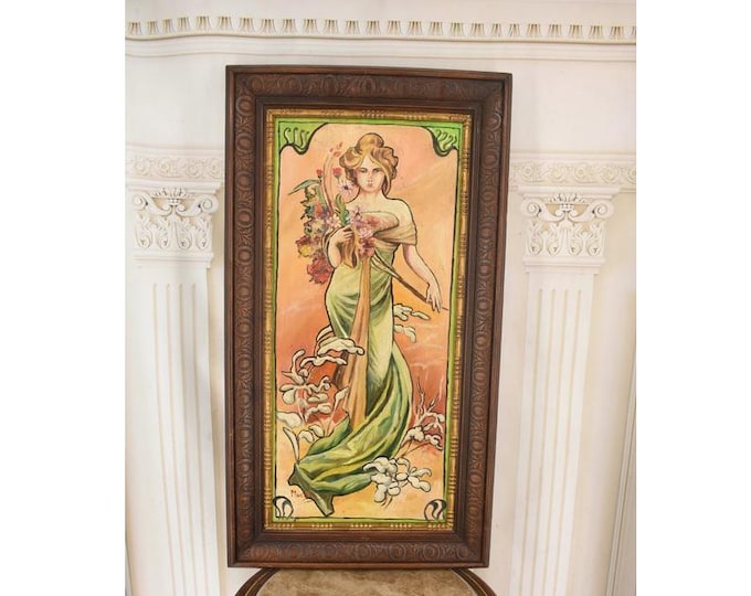 Very Rare Antique Oil Painting - Lady Of The Camellias - Mucha Style Art